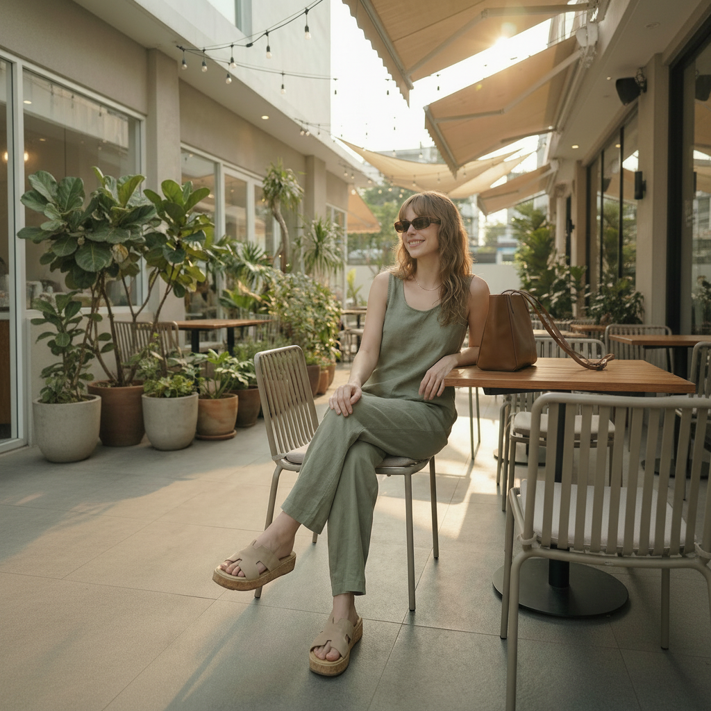 Woman wearing beige platform H-strap slide sandals sitting at a sunny outdoor cafe table.