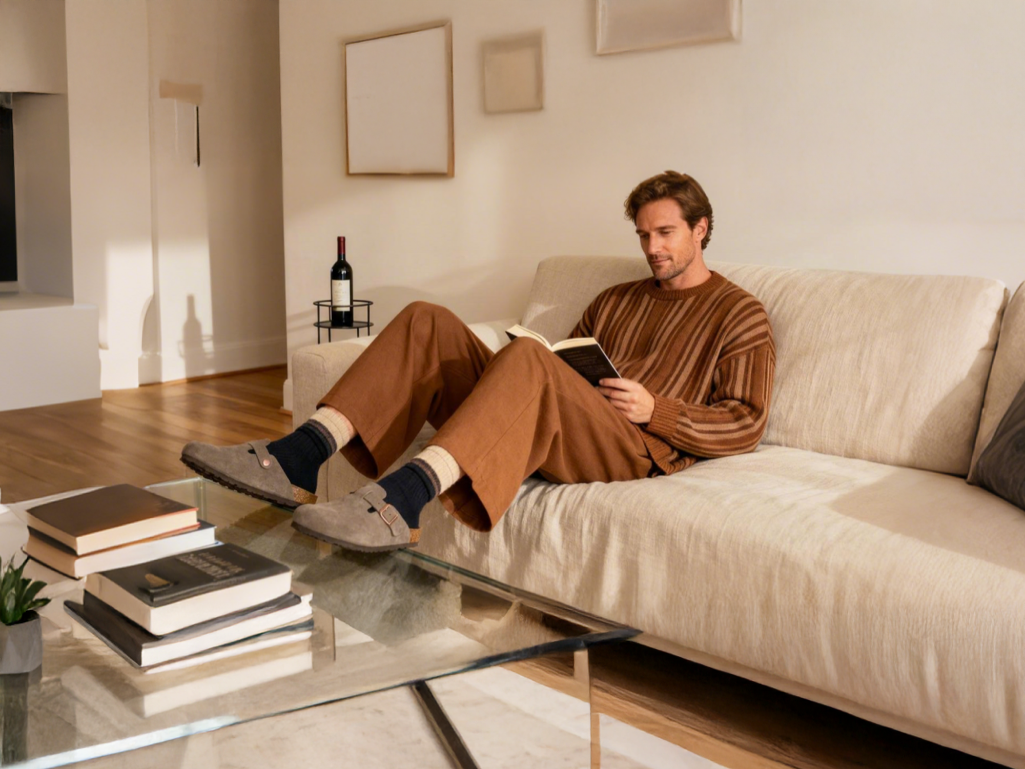 A man relaxing on a beige sofa while reading a book. He is wearing a brown striped sweater, brown trousers, and grey suede clogs with socks, with a glass coffee table and books in the foreground