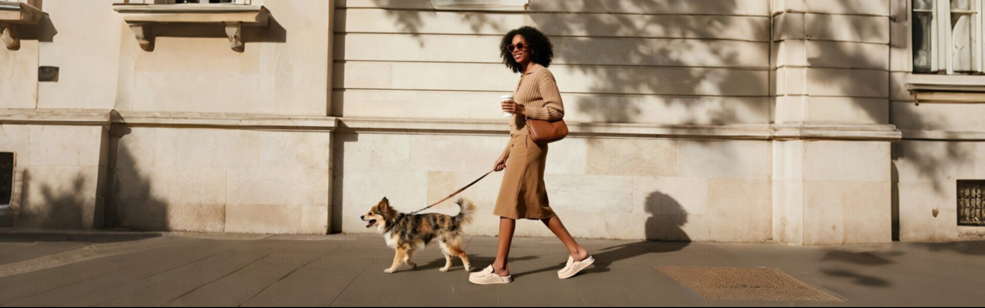 A woman wearing a brown dress walking a small brown and white dog on a sunlit sidewalk