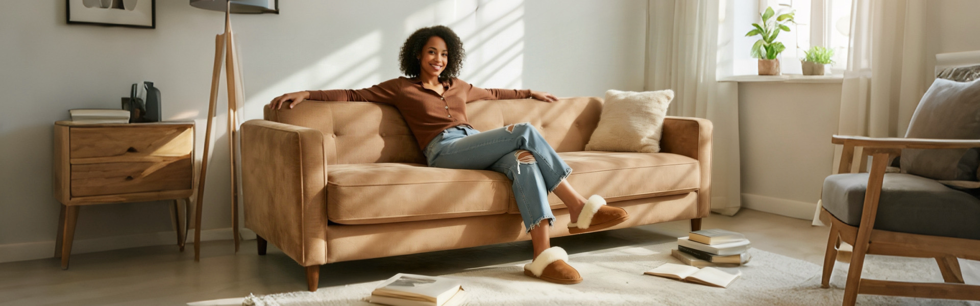 Woman wearing well-maintained brown suede shoes indoors