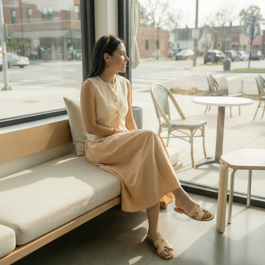 Woman wearing comfortable slide sandals with cushioning technology relaxing by a window
