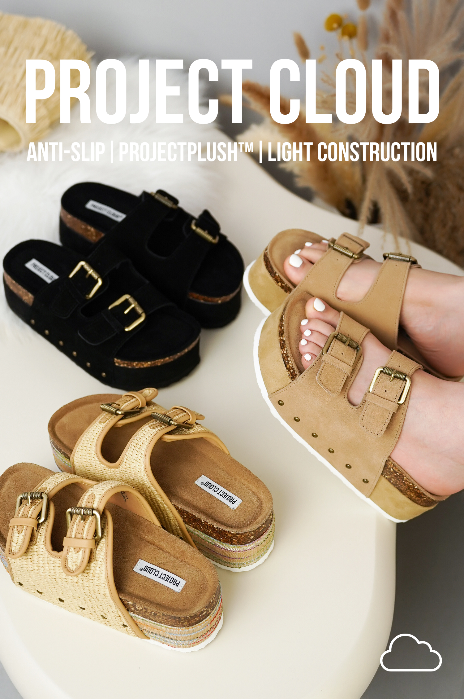 Three pairs of Project Cloud sandals displayed on a white surface - black sandals with gold buckles, beige textured sandals, and tan leather sandals with buckle straps