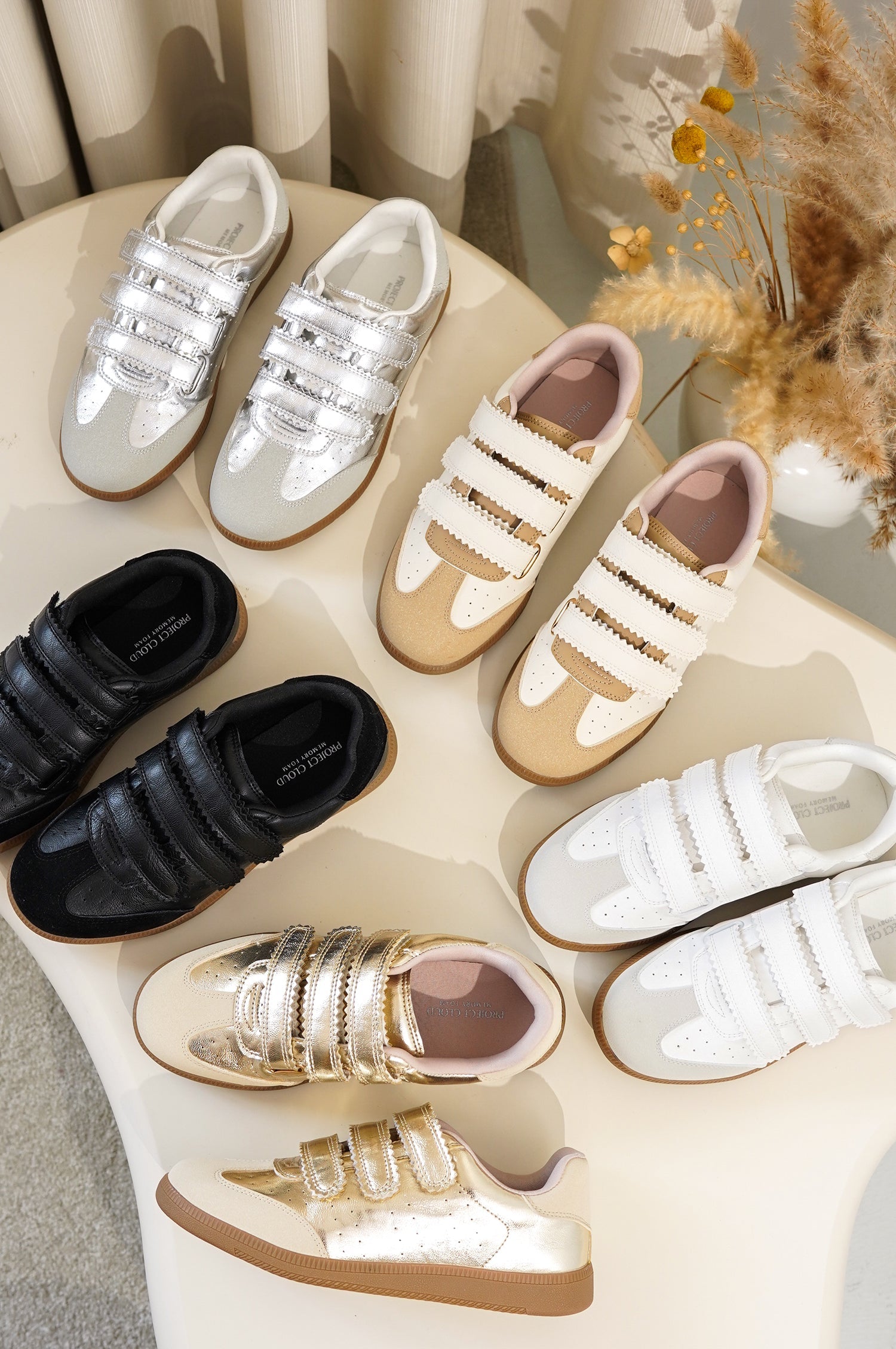 Project Cloud sneakers: silver, black, white, gold shoes, velcro straps, ProjectPlush™ memory foam for comfort.
