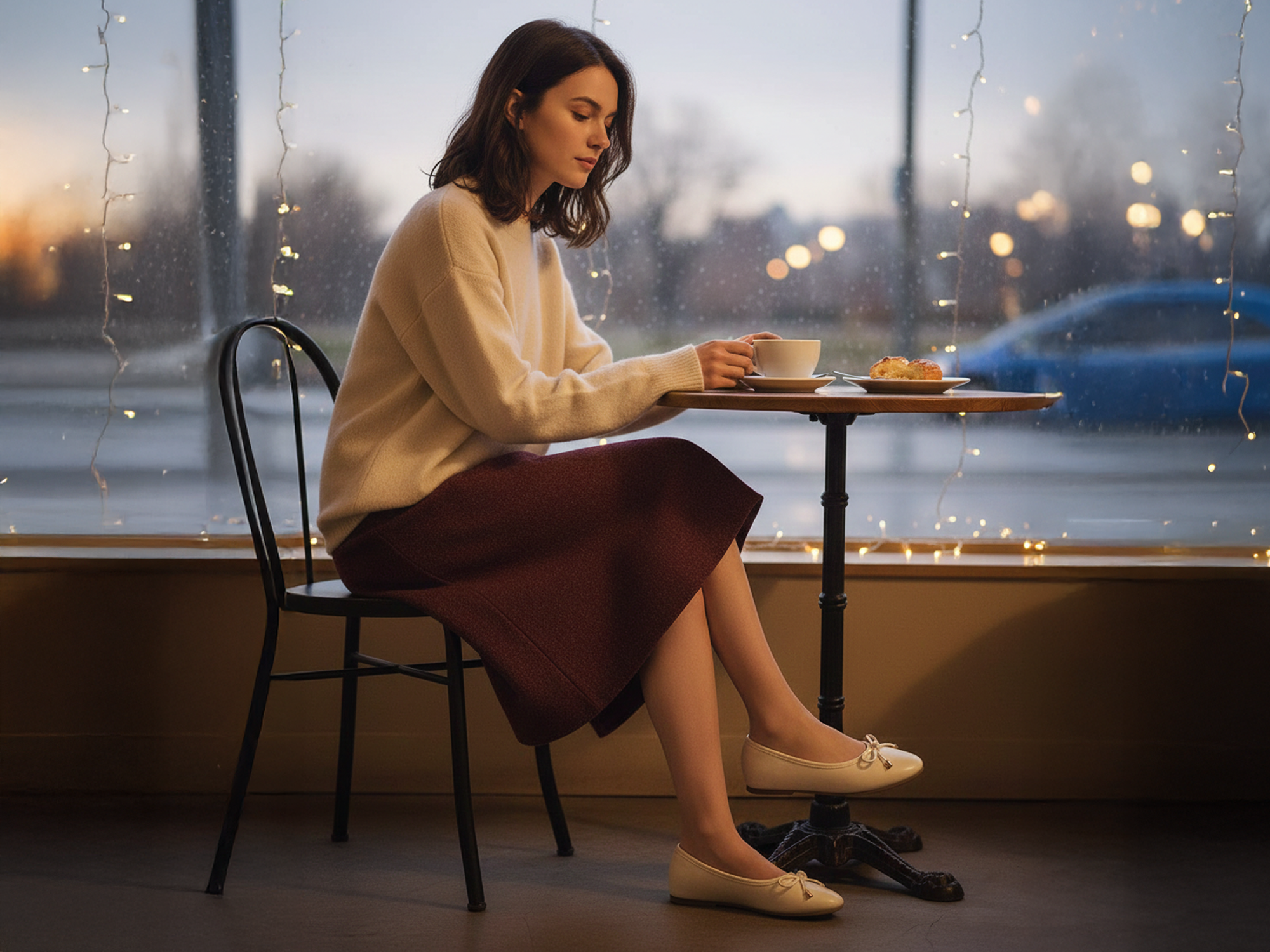 A woman wearing elegant beige ballet flats sits at a cozy cafe window, showcasing a timeless 2026 style guide for effortless chic outfits