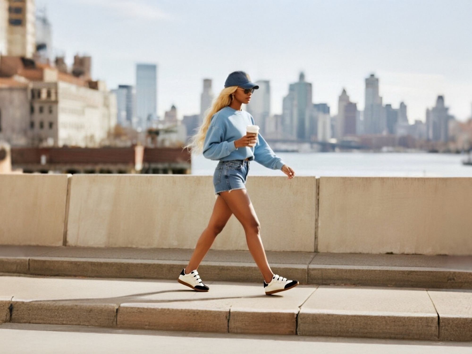 A woman confidently walking in a city while wearing pristine, well-maintained black and white sneakers, demonstrating the results of proper shoe care