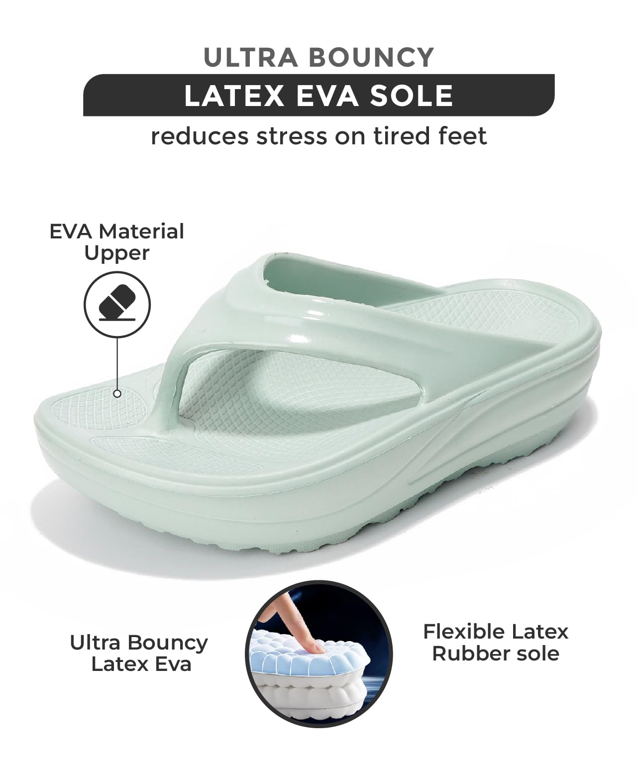 Project Cloud Abra flip flop, highlighting Ultra Bouncy Latex EVA Sole and EVA material for comfort, light green.