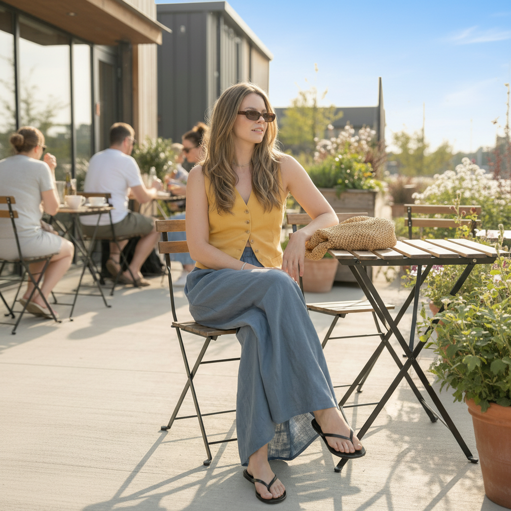 Woman wearing black minimalist flip-flops sitting at a sunny outdoor cafe table.