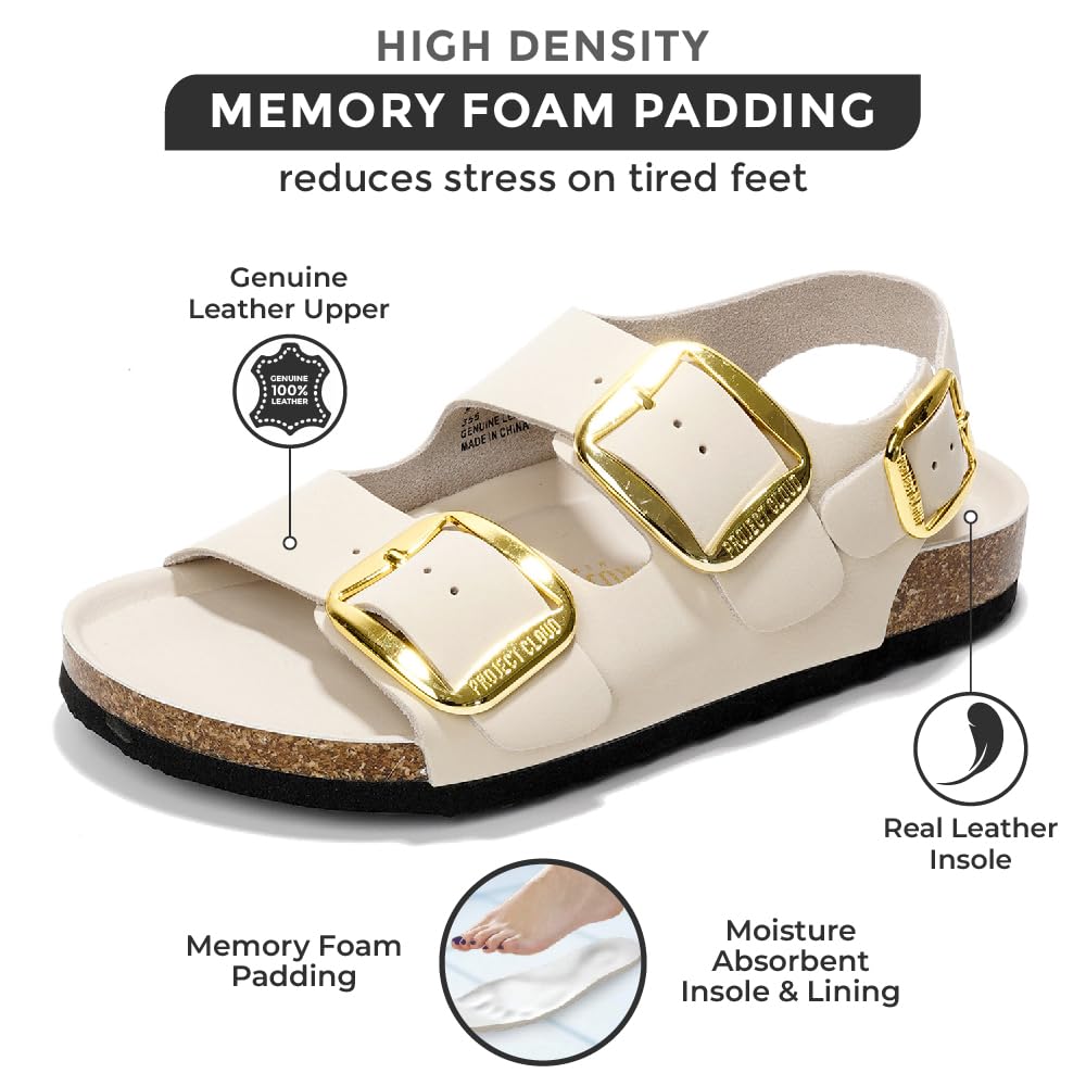 Project Cloud off-white leather sandals with memory foam, gold buckles, and real leather insole