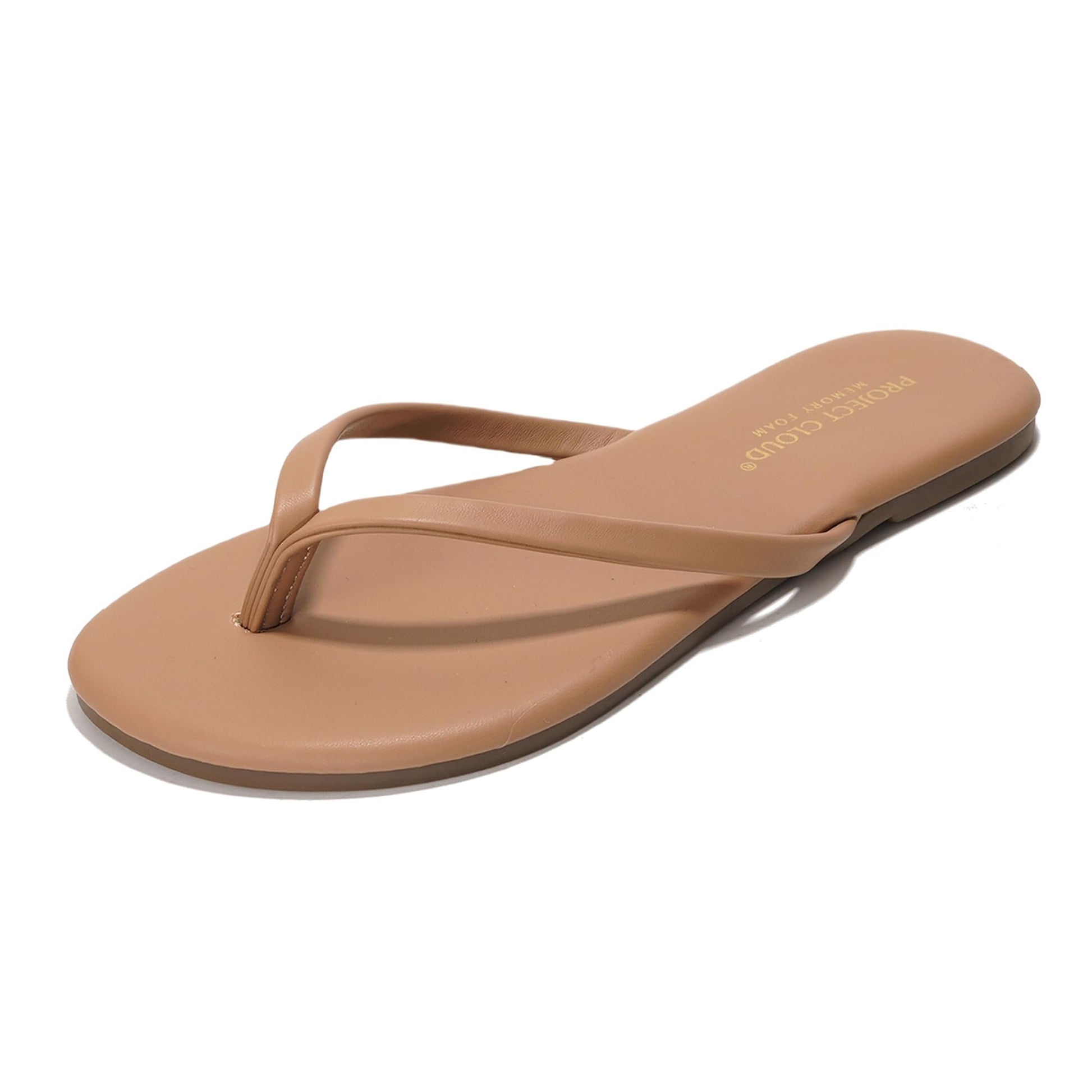 Project Cloud Little Foundations vegan leather kids flip-flops in tan color, featuring ProjectPlush memory foam.