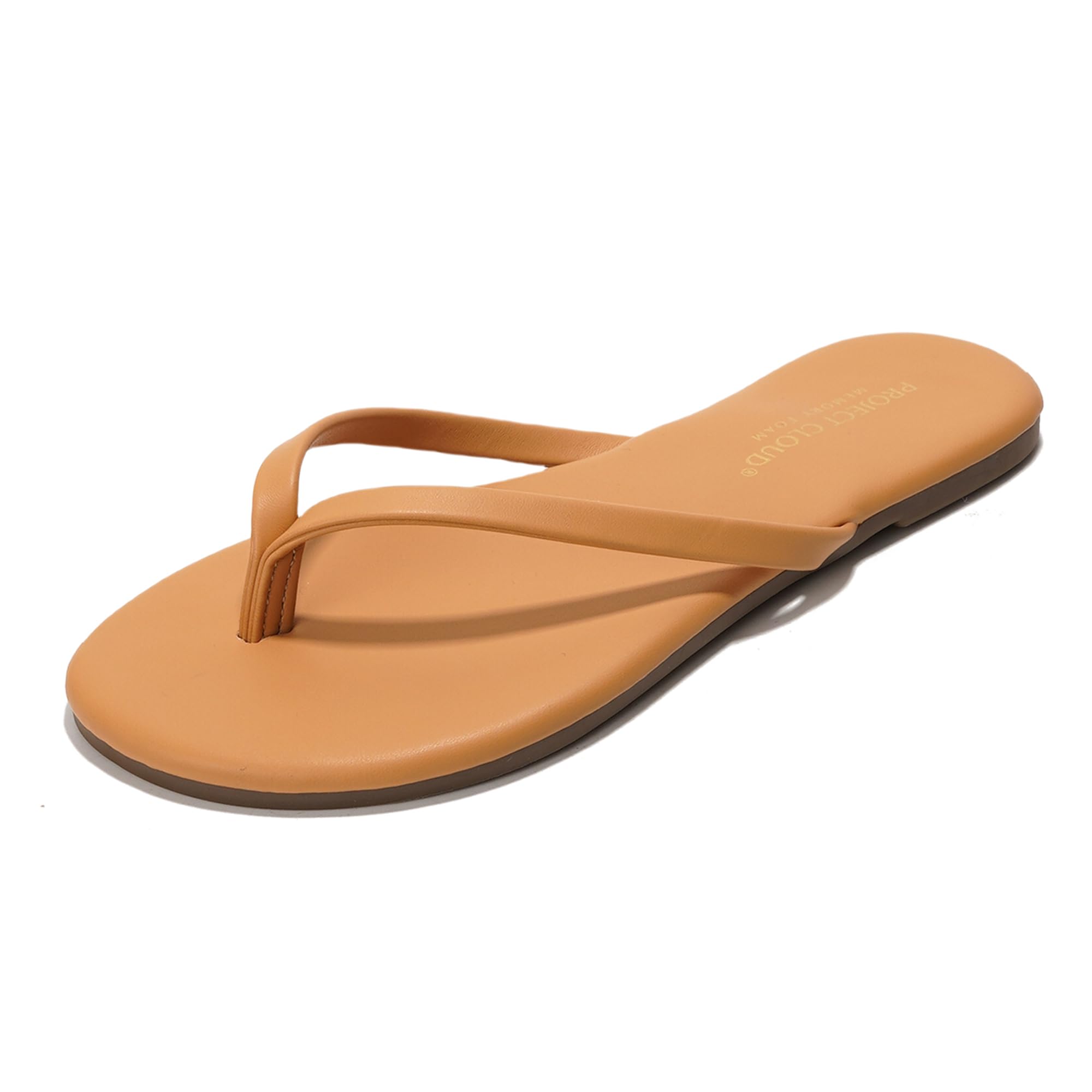 Project Cloud Little Foundations kids flip-flops in tan vegan leather with ProjectPlush memory foam footbed for comfort.