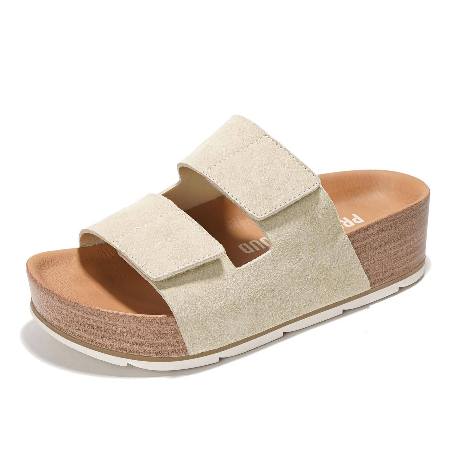 Project Cloud Pismo Platform Sandals in Beige. Featuring suede straps, cork wedge, memory foam insole, and non-slip sole.