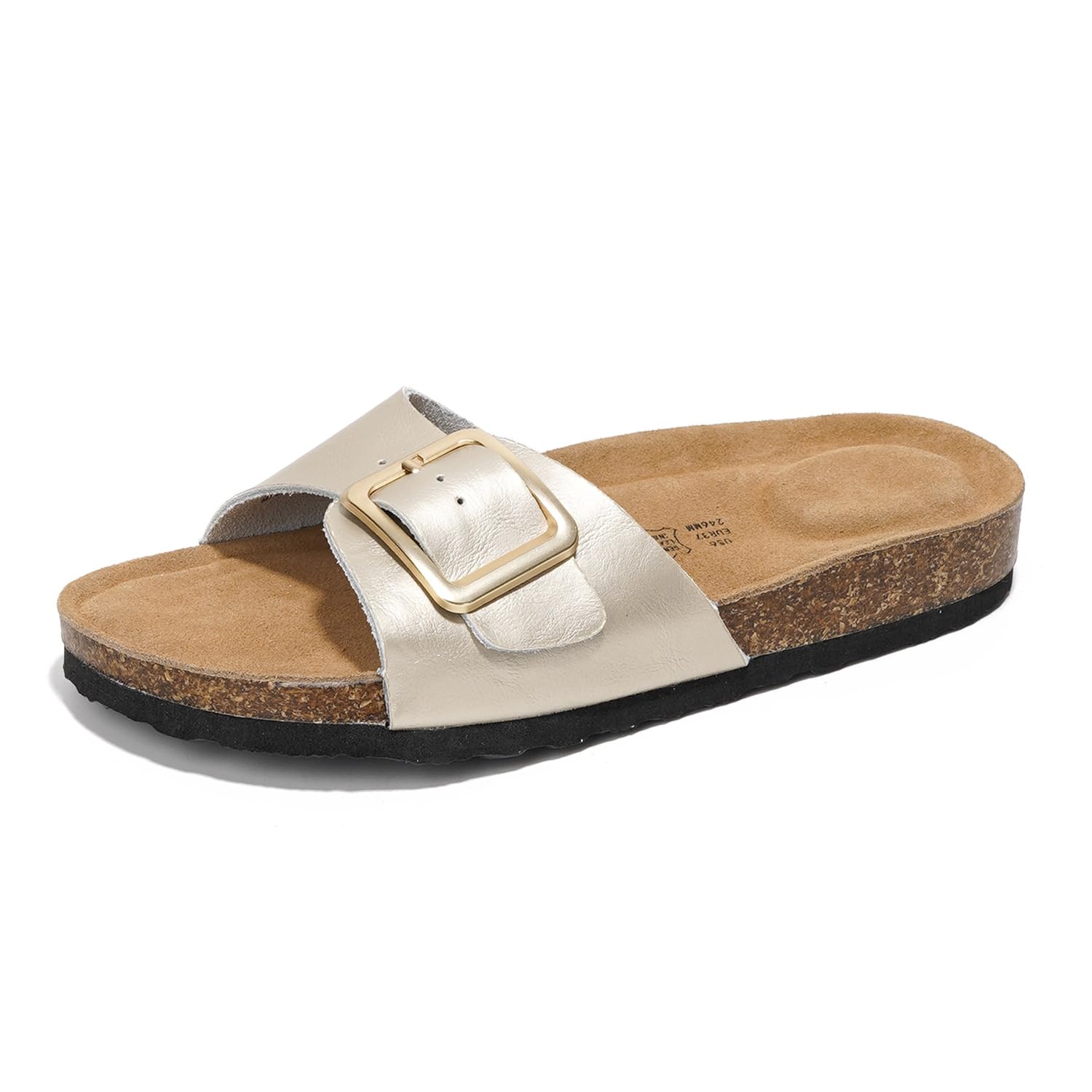 Project Cloud Ibiza Women's Leather Sandals in Beige with Buckle Detail, Cork Footbed