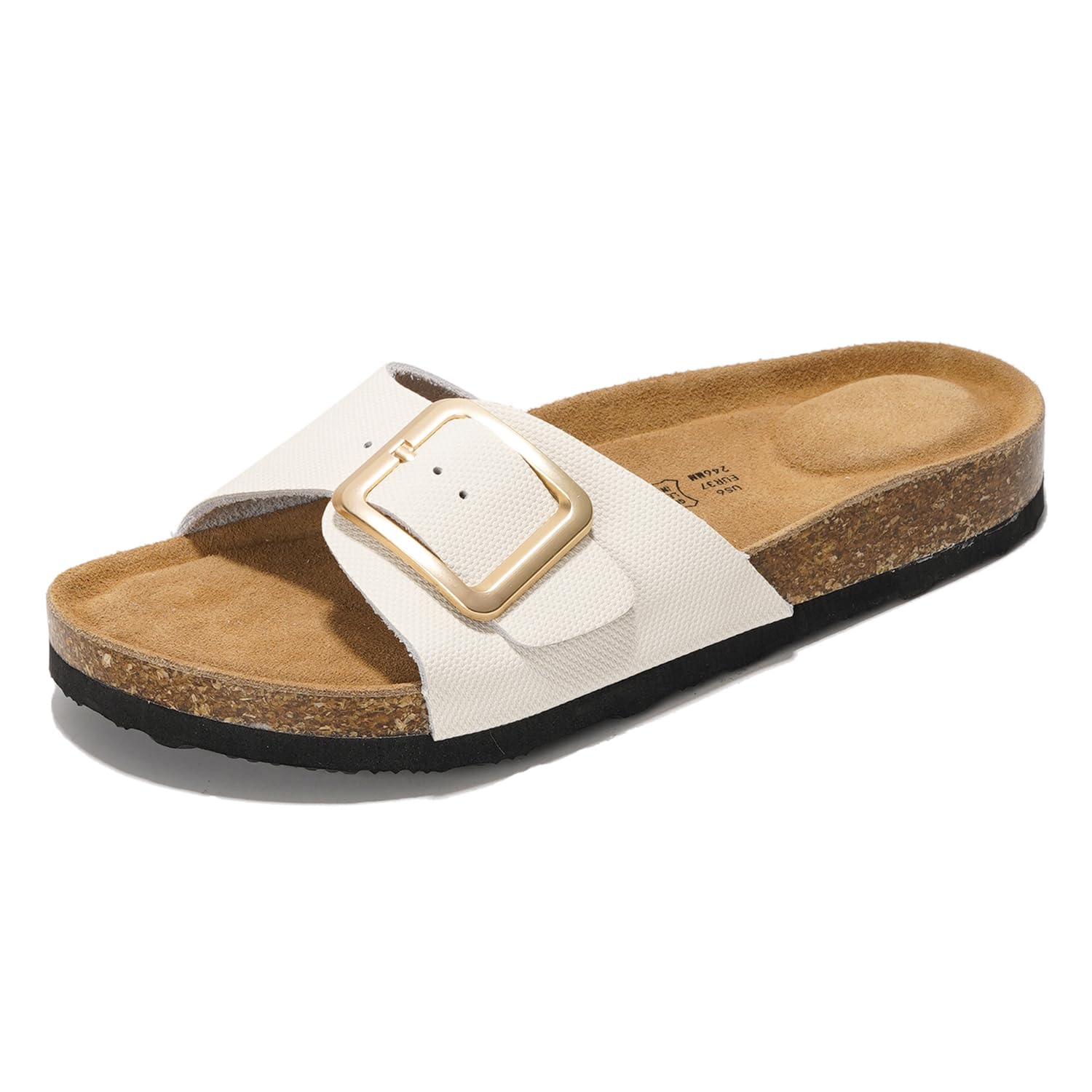 Project Cloud Ibiza White Leather Sandals with Buckle, Cork Footbed - Women's Summer Flip Flops