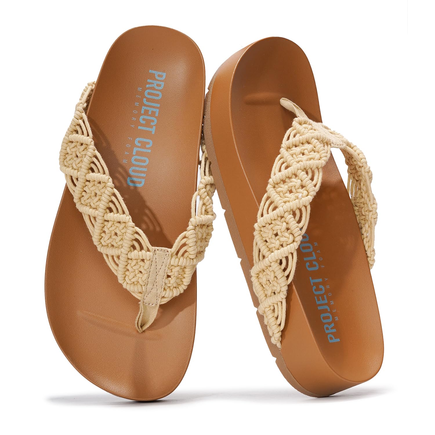 Project Cloud "Hammock" women's sandals with memory foam. Beige crochet straps, brown sole, stylish and comfortable design.