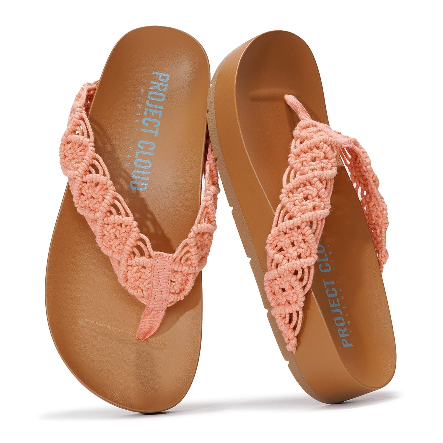 Project Cloud 'Hammock' coral sandals with memory foam and crochet design.