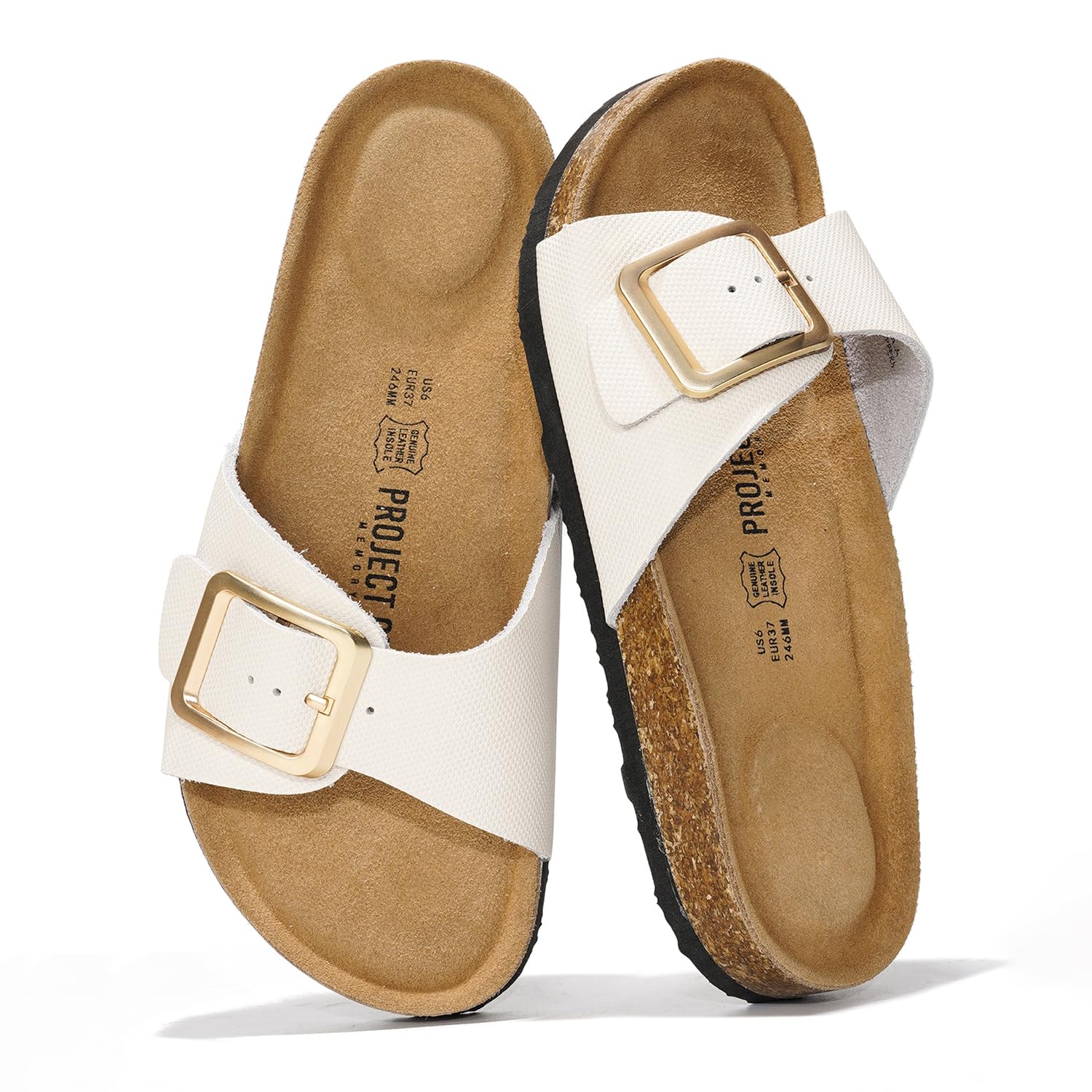 Project Cloud Ibiza white leather sandals with cork footbed, buckle detail for summer.