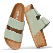 Project Cloud Pismo Sandals: Light green leather, cork wedge, memory foam insole, and non-slip sole.