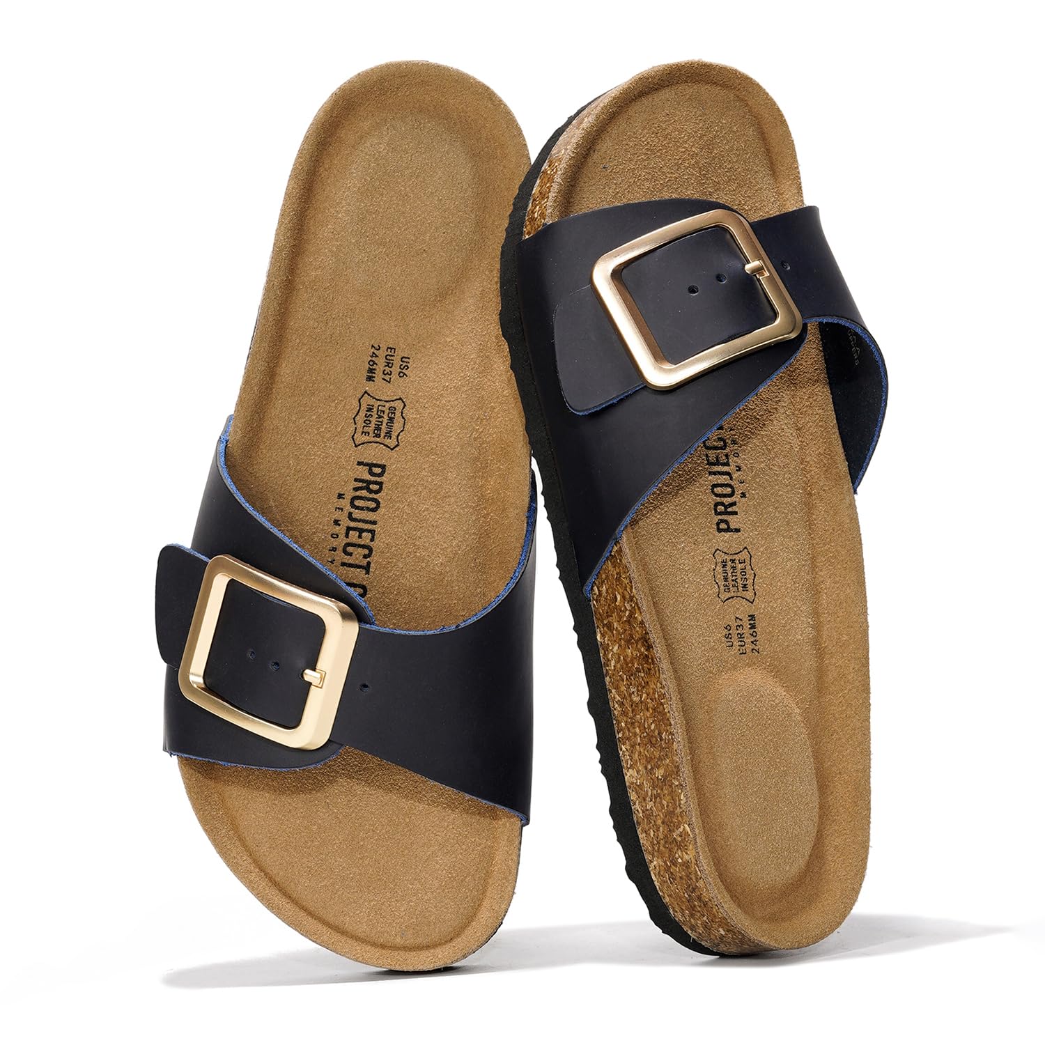 Project Cloud Ibiza Leather Sandals with buckle detail, blue leather upper, cork footbed. Women's summer beach essentials.