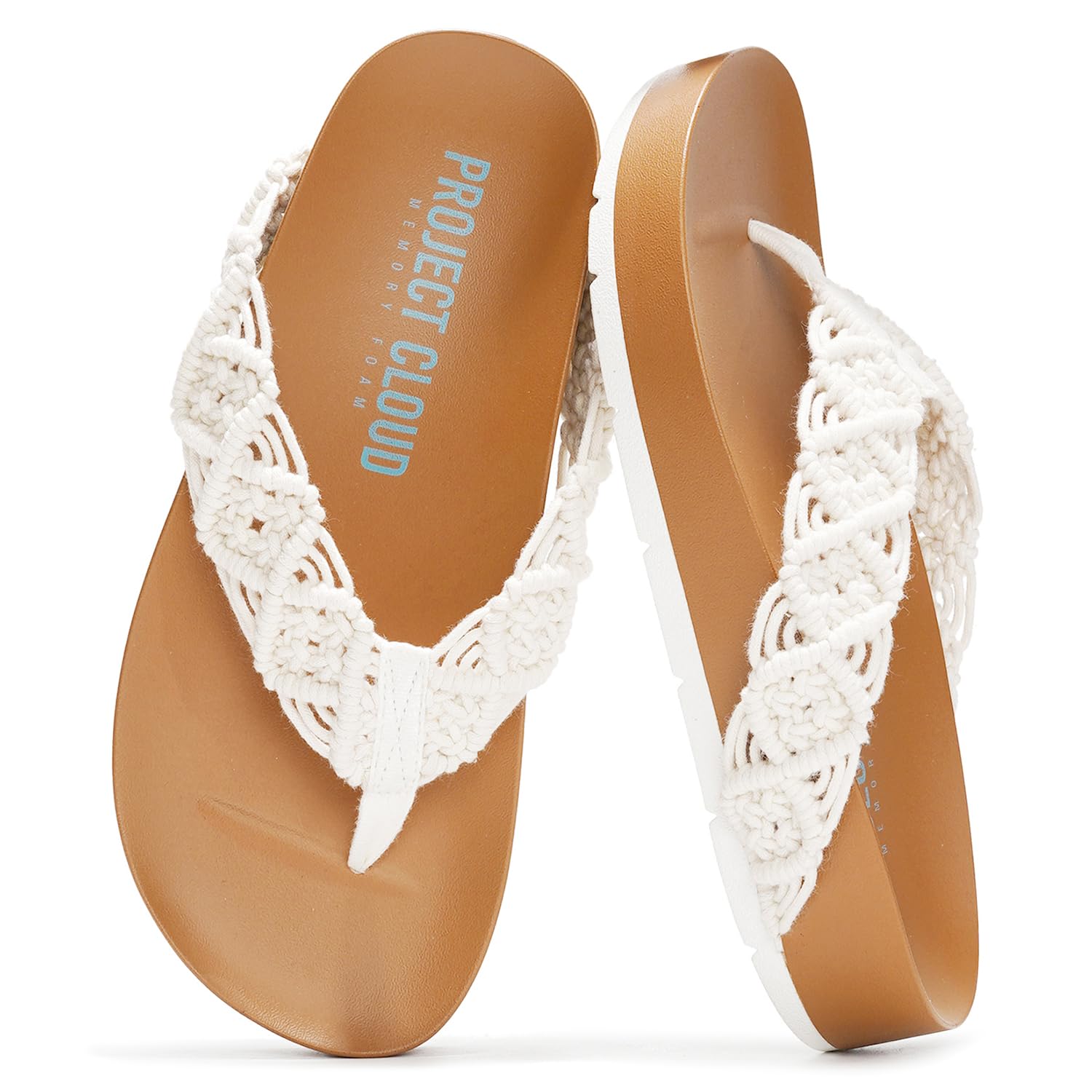 Project Cloud "Hammock" women's sandals. Off-white crochet straps, memory foam insole, and a stylish, comfortable design.