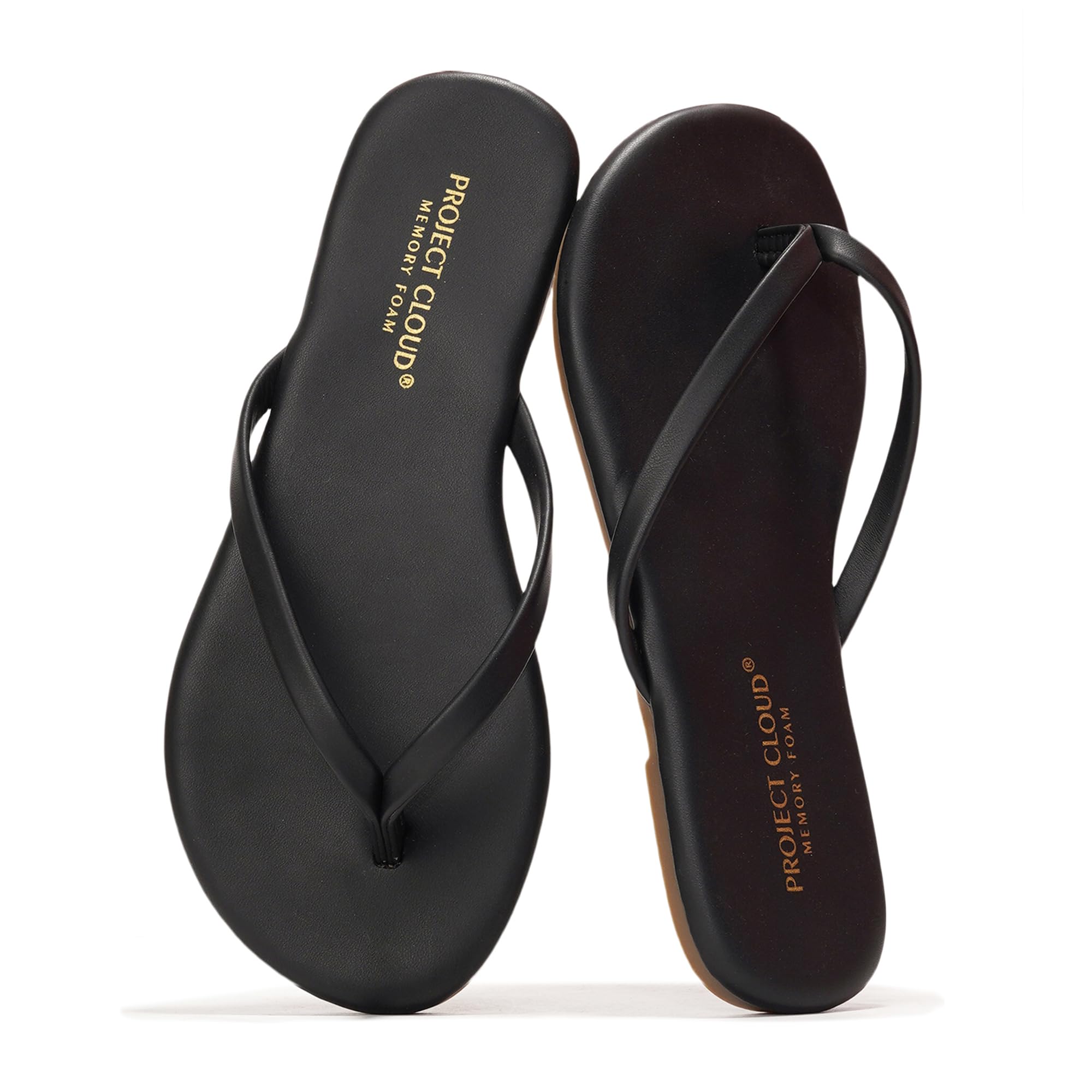 Project Cloud Little Foundations black vegan leather kids flip-flops with ProjectPlush memory foam.