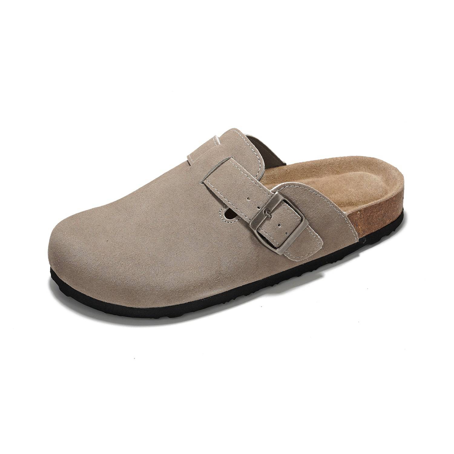 Project Cloud Women's Benton Clogs in taupe suede with buckle detail and cork footbed