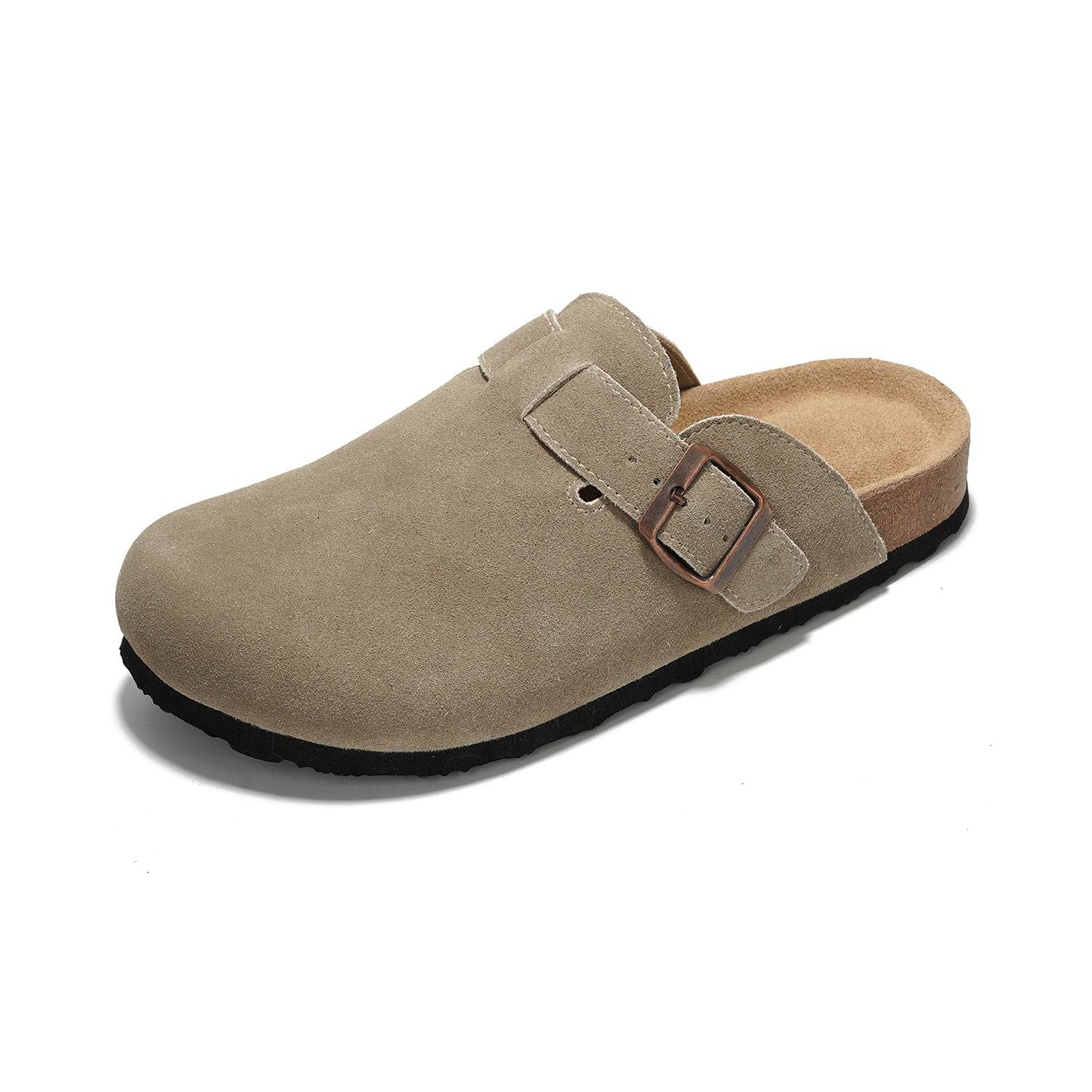 Project Cloud Women's Benton Clogs in taupe suede, buckle detail, cork footbed