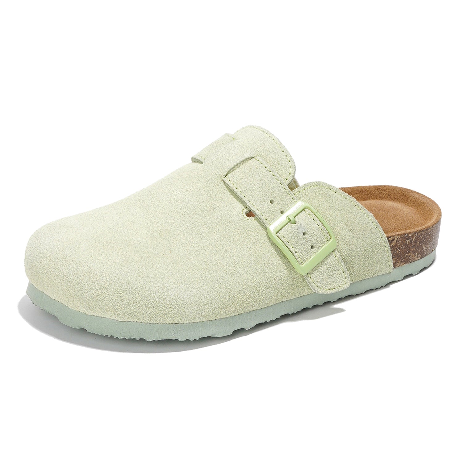 Project Cloud Women's Benton Clogs in light green suede. Features buckle detail, cork footbed, and memory foam arch support.