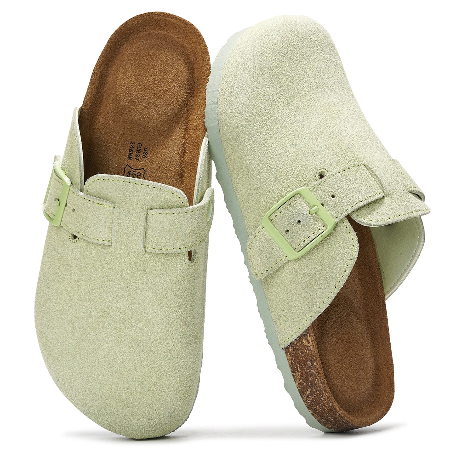 Project Cloud Benton Clogs, light green suede, cork footbed, memory foam arch support, women's clogs.
