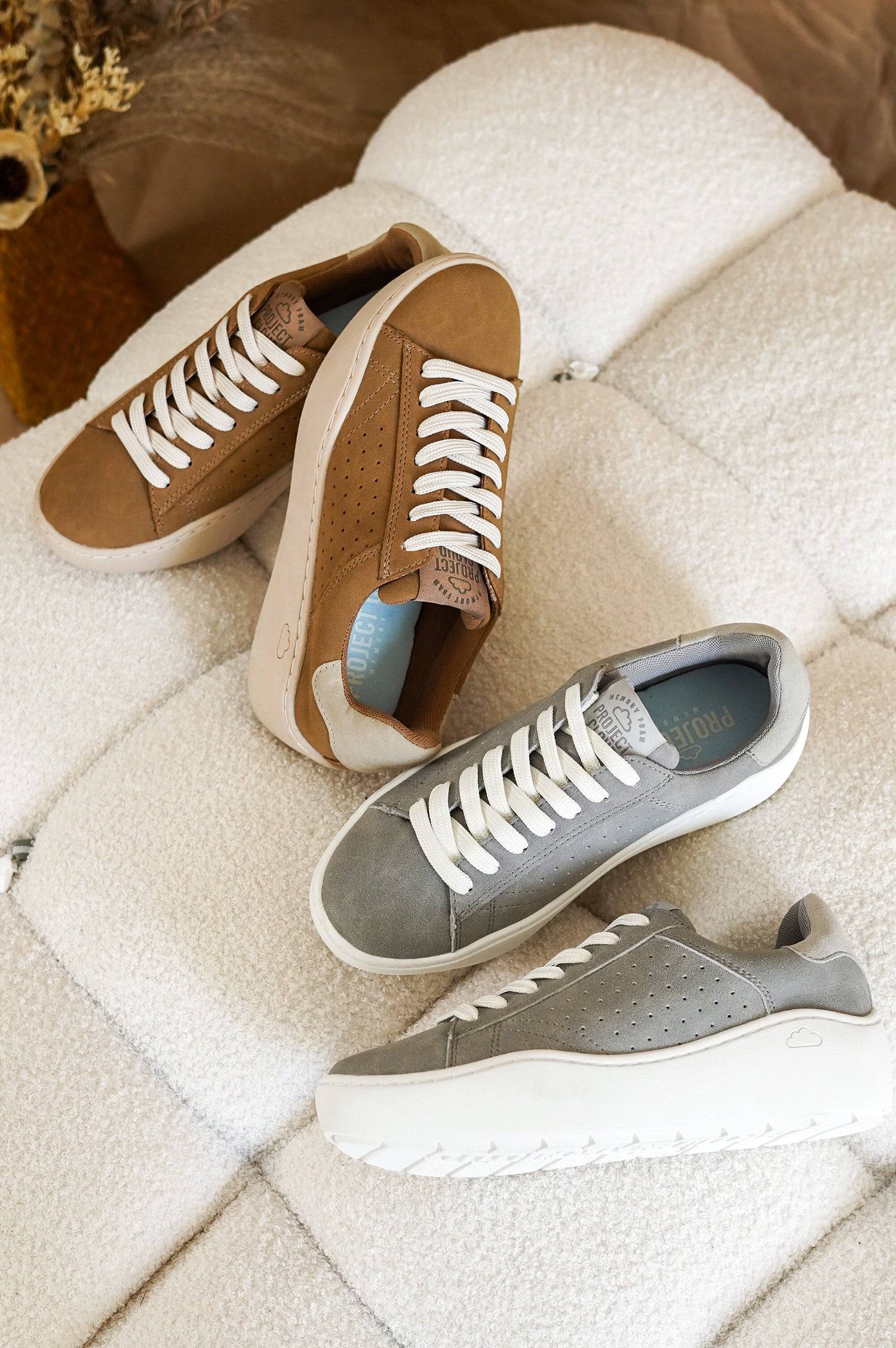 Project Cloud Bossy platform sneakers in brown and grey suede with white laces, featuring ProjectPlush memory foam.