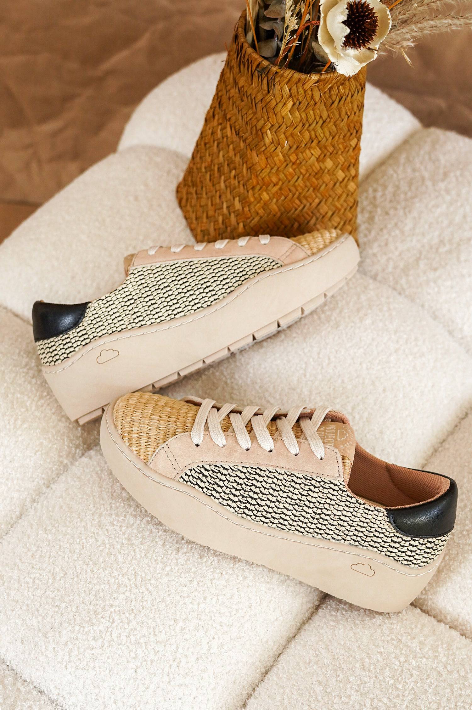 Project Cloud Bossy platform sneakers with woven detailing, memory foam insole, and black heel patch.