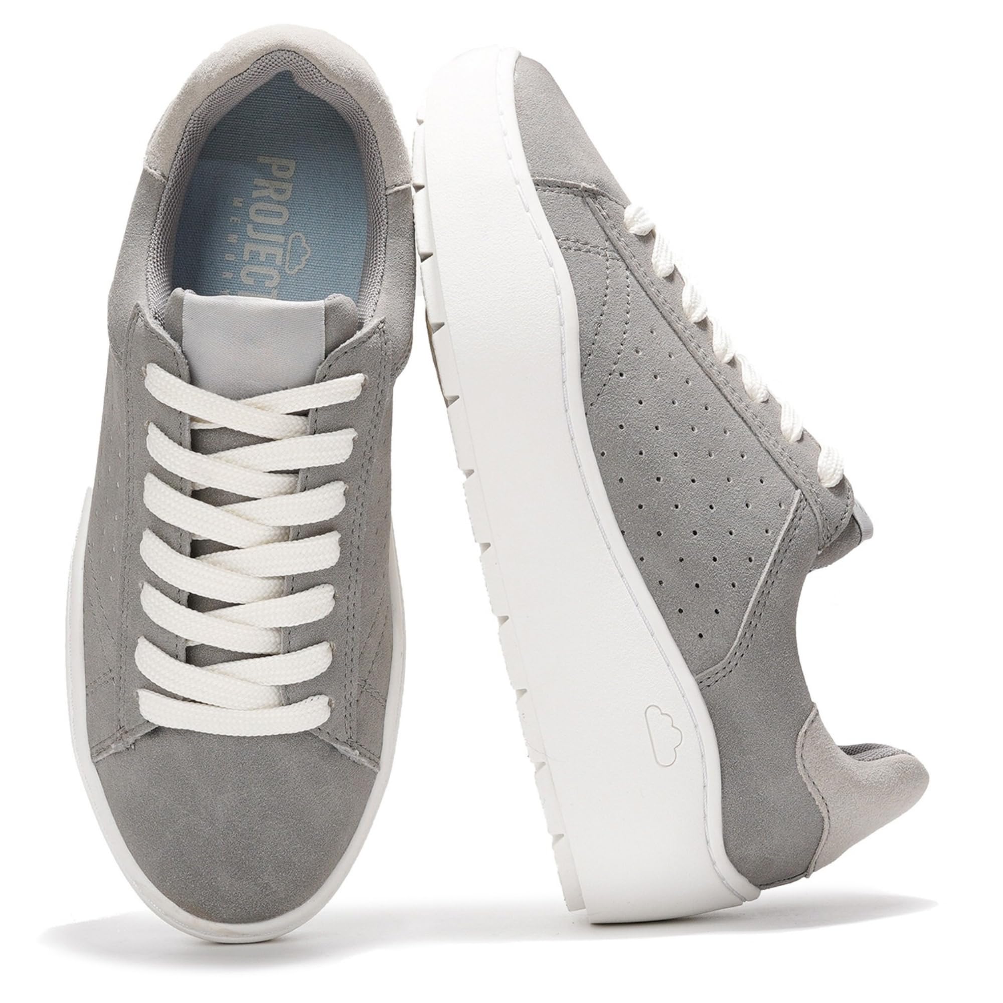 Grey suede Project Cloud Bossy platform sneakers with white laces and ProjectPlush memory foam.