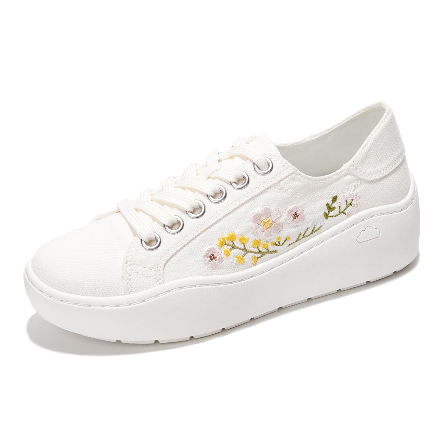 Project Cloud Bossy white platform sneakers with floral embroidery, lace-up design, ProjectPlush memory foam for women.