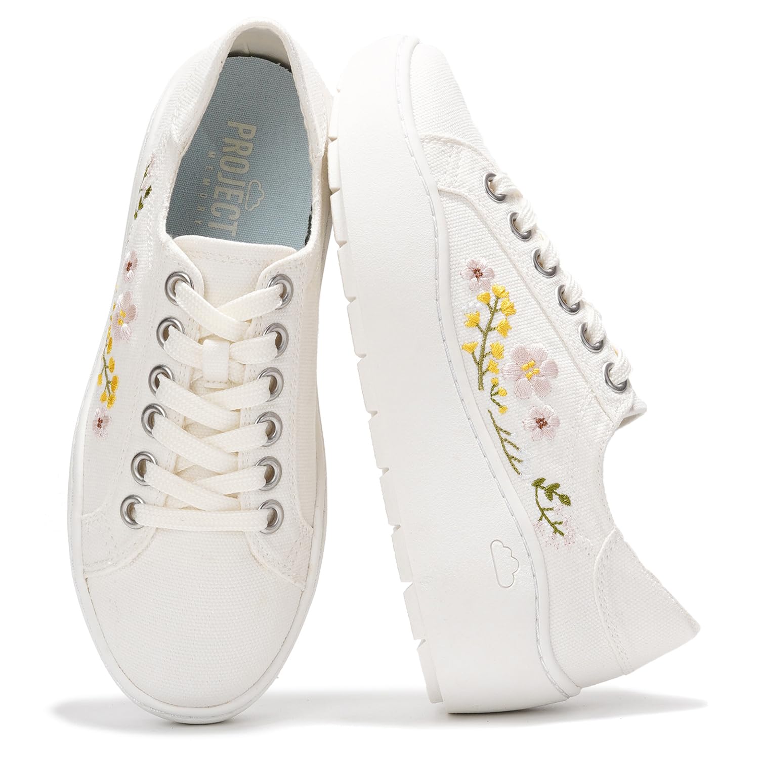 White Project Cloud Bossy platform sneakers with floral embroidery, lace-up, ProjectPlush memory foam.