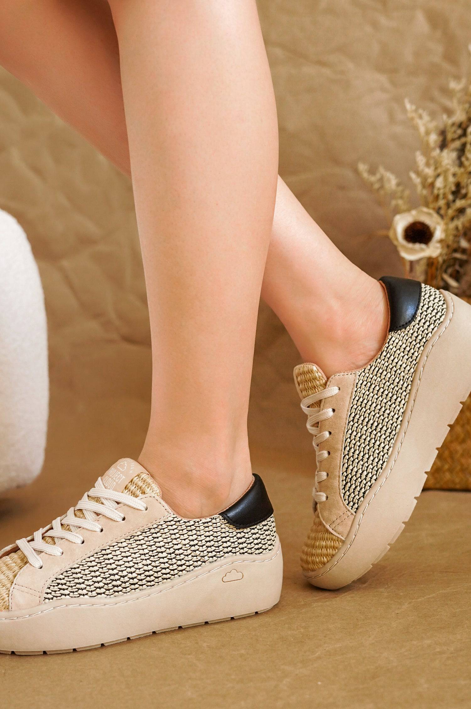 Project Cloud "Bossy" platform sneakers, beige woven and suede design, black leather heel. Women's fashion.
