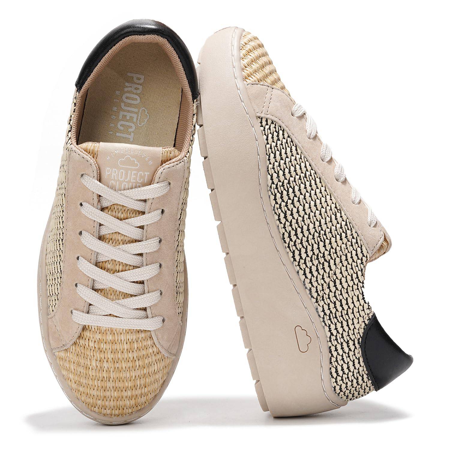 Project Cloud "Bossy" beige platform sneakers with woven detail, ProjectPlush™ memory foam.