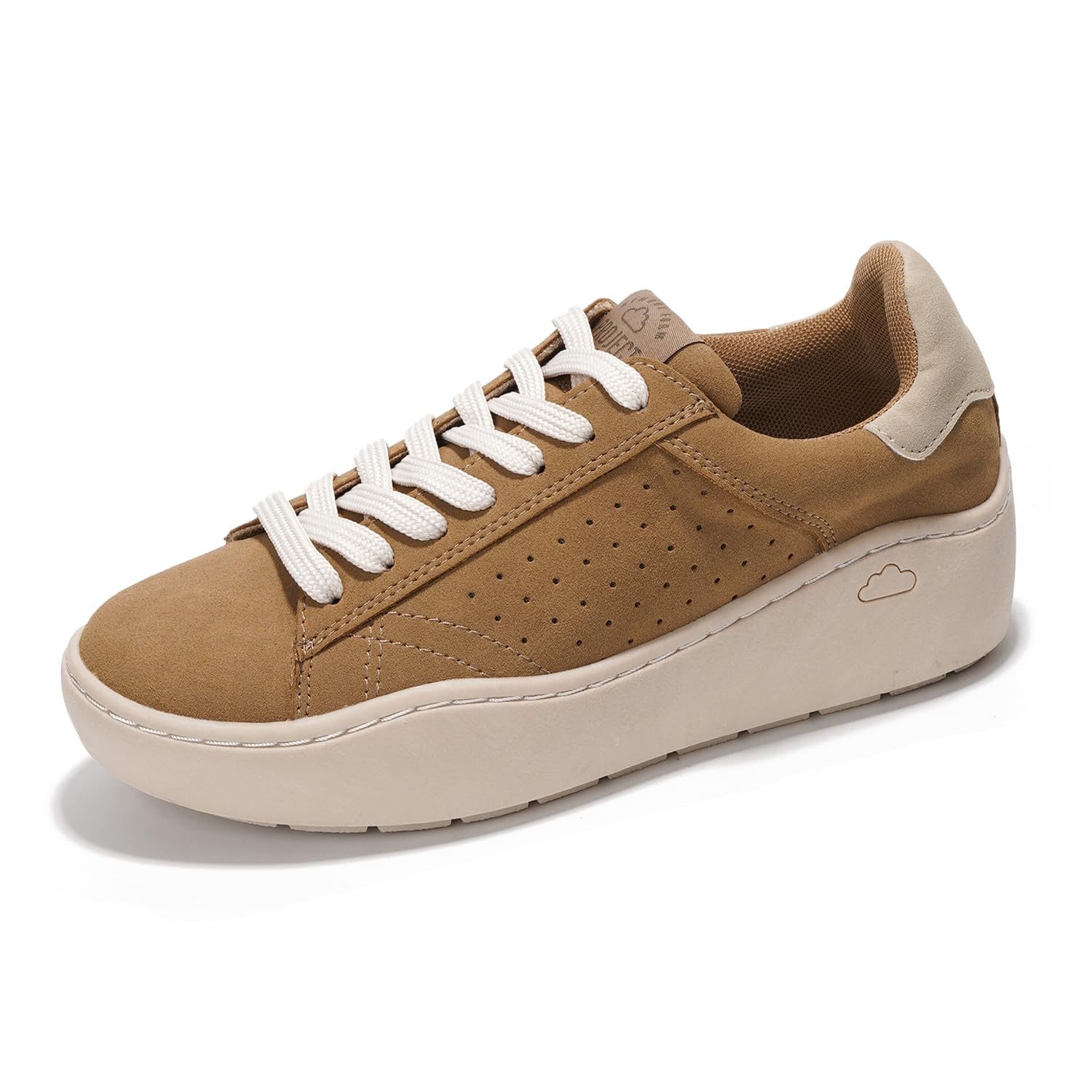 Project Cloud Bossy platform sneakers in brown suede with white laces, perforated design, and ProjectPlush memory foam sole