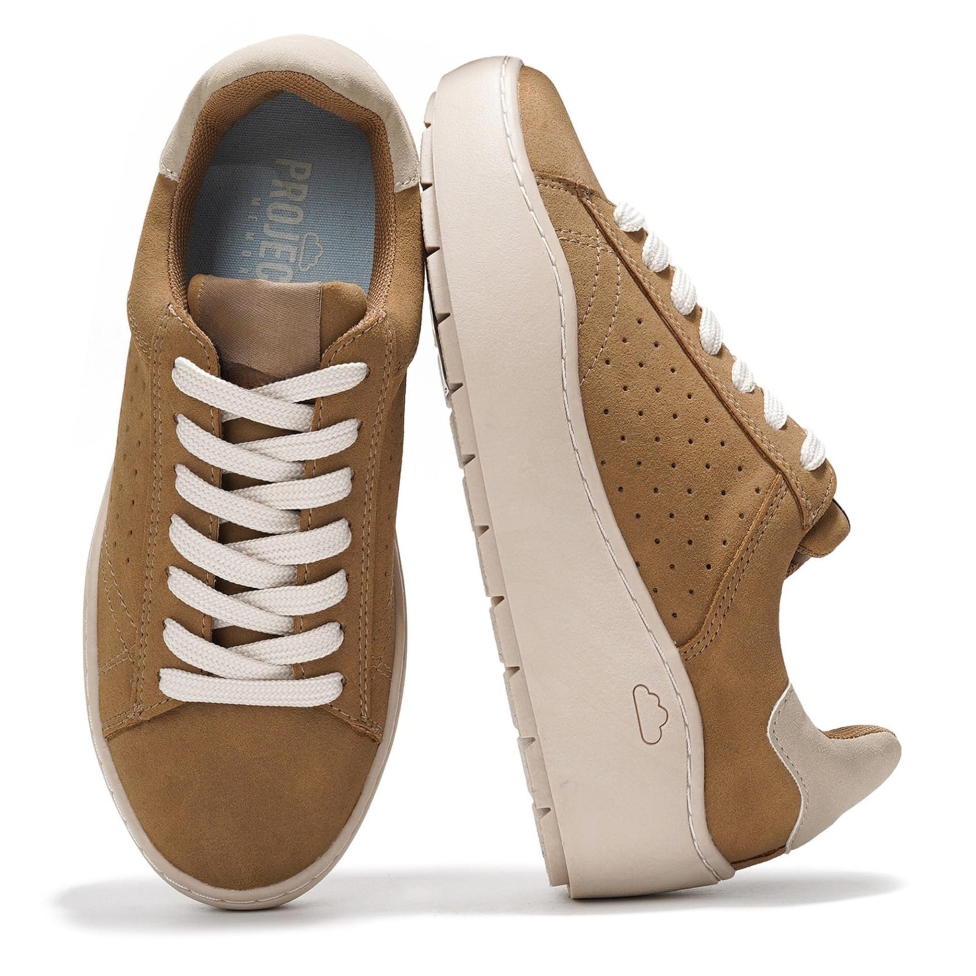 Project Cloud "Bossy" platform sneakers in brown suede with white laces, perforated design, and ProjectPlush memory foam.