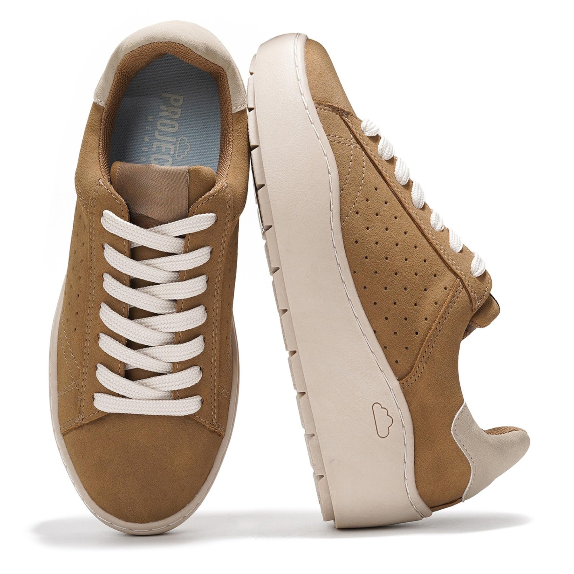 Project Cloud "Bossy" platform sneakers in brown suede with white laces, perforated design, and ProjectPlush memory foam.