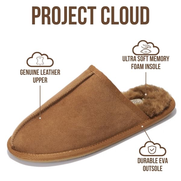 Project Cloud | "Colin" Mens House Slippers | Genuine Sheepskin Upper | Memory Foam | Lightweight | Non-Slip