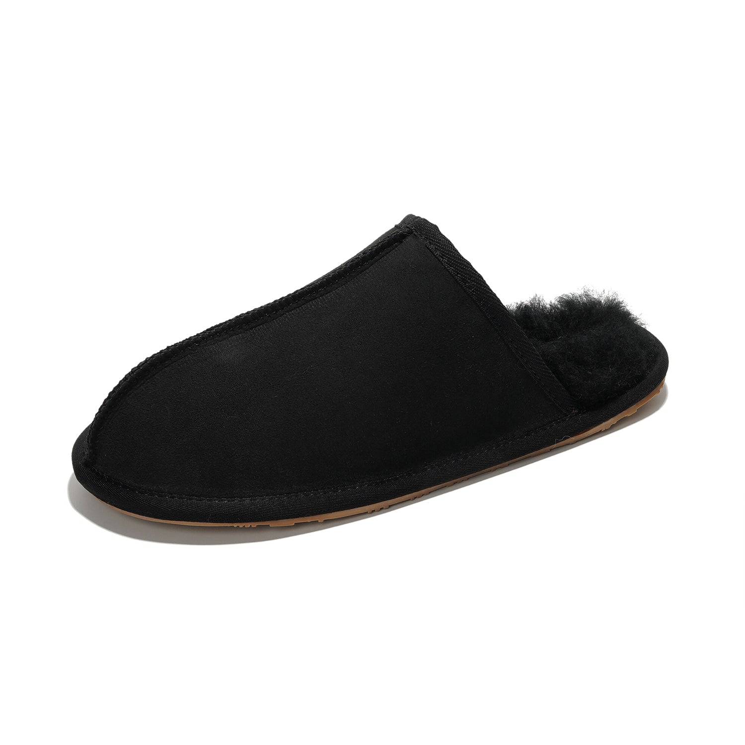Project Cloud Colin Men's Slipper in Black: Genuine sheepskin lining, suede upper, memory foam for cozy warmth.