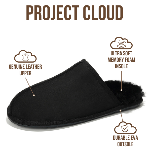 Project Cloud | "Colin" Mens House Slippers | Genuine Sheepskin Upper | Memory Foam | Lightweight | Non-Slip