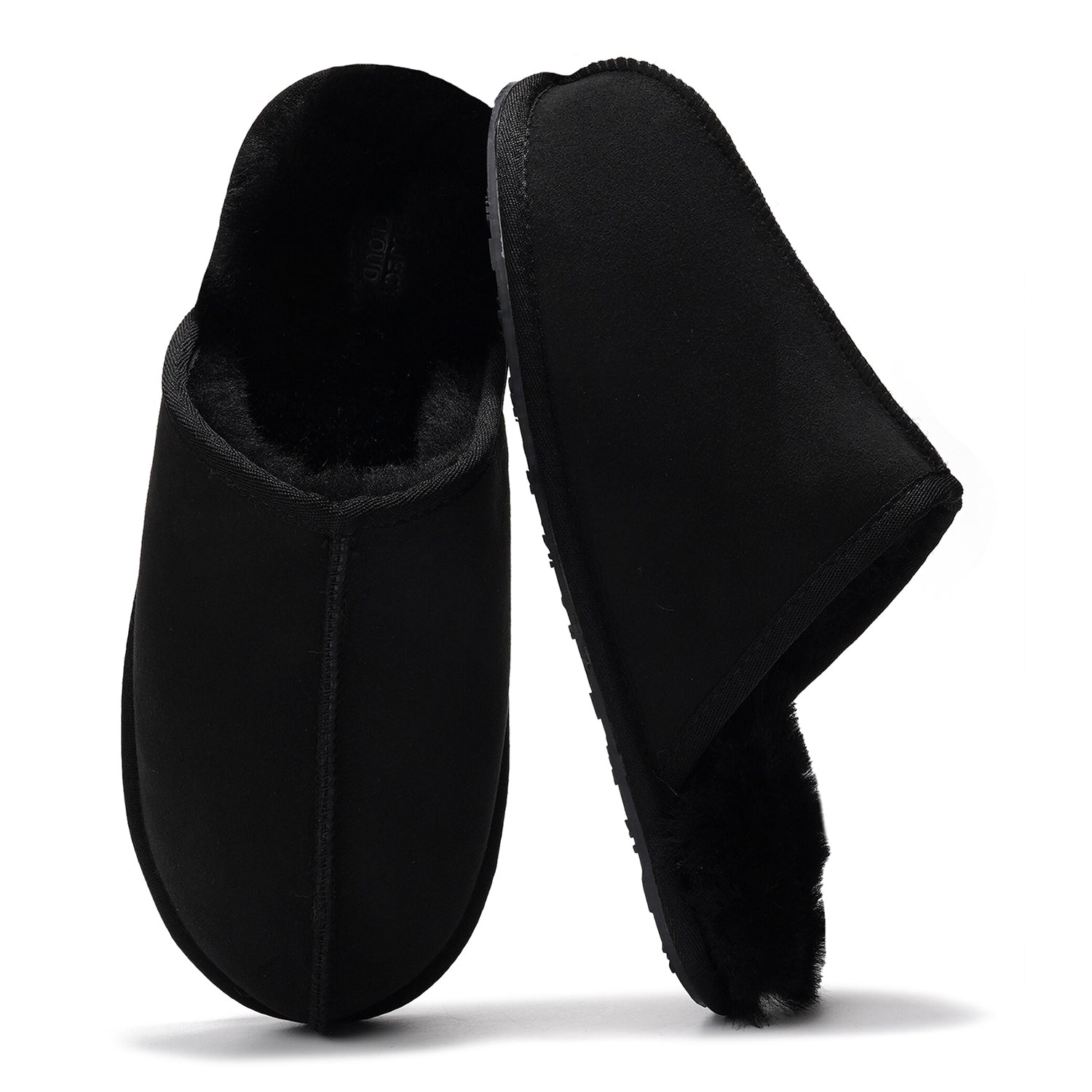 Project Cloud Colin Men's Slippers in Black: Suede upper with sheepskin lining, memory foam for cozy comfort and warmth.
