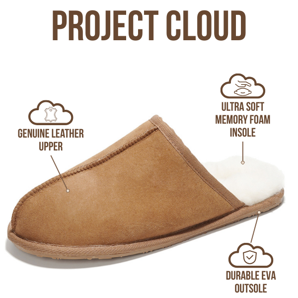 Project Cloud | "Colin" Mens House Slippers | Genuine Sheepskin Upper | Memory Foam | Lightweight | Non-Slip