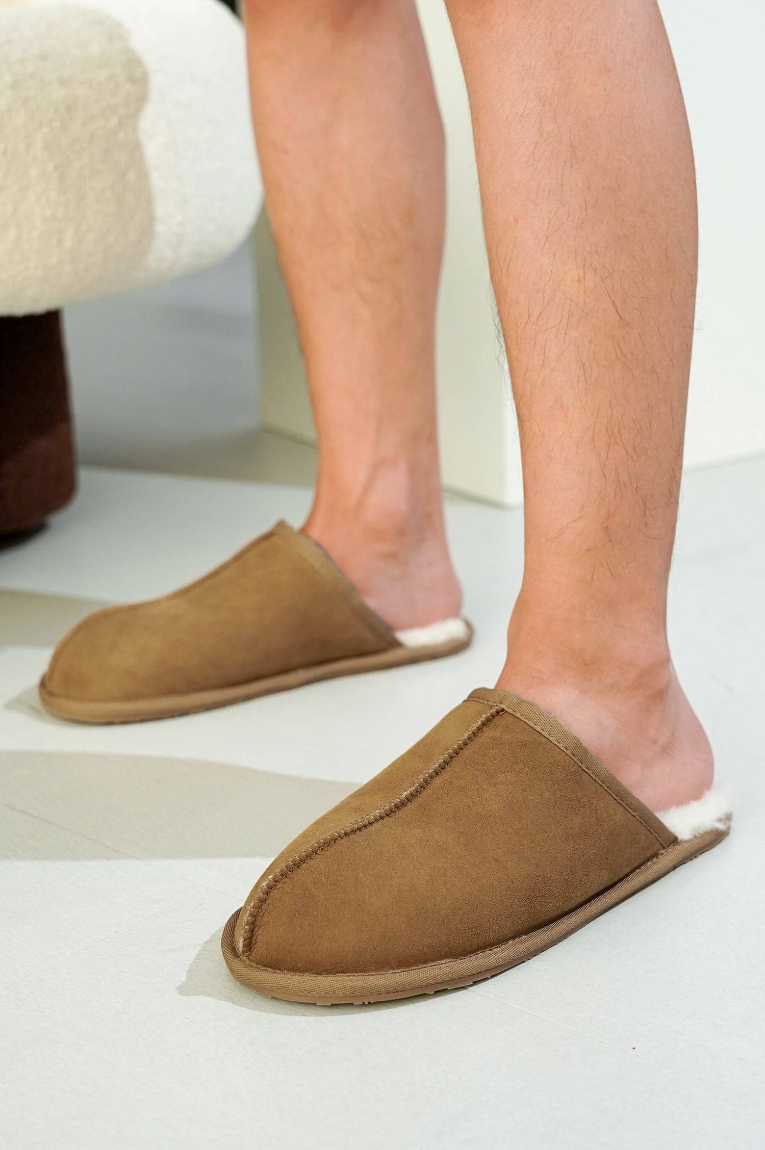 Project Cloud Colin Men's Slipper: Brown suede slipper with sheepskin lining, comfortable house footwear.