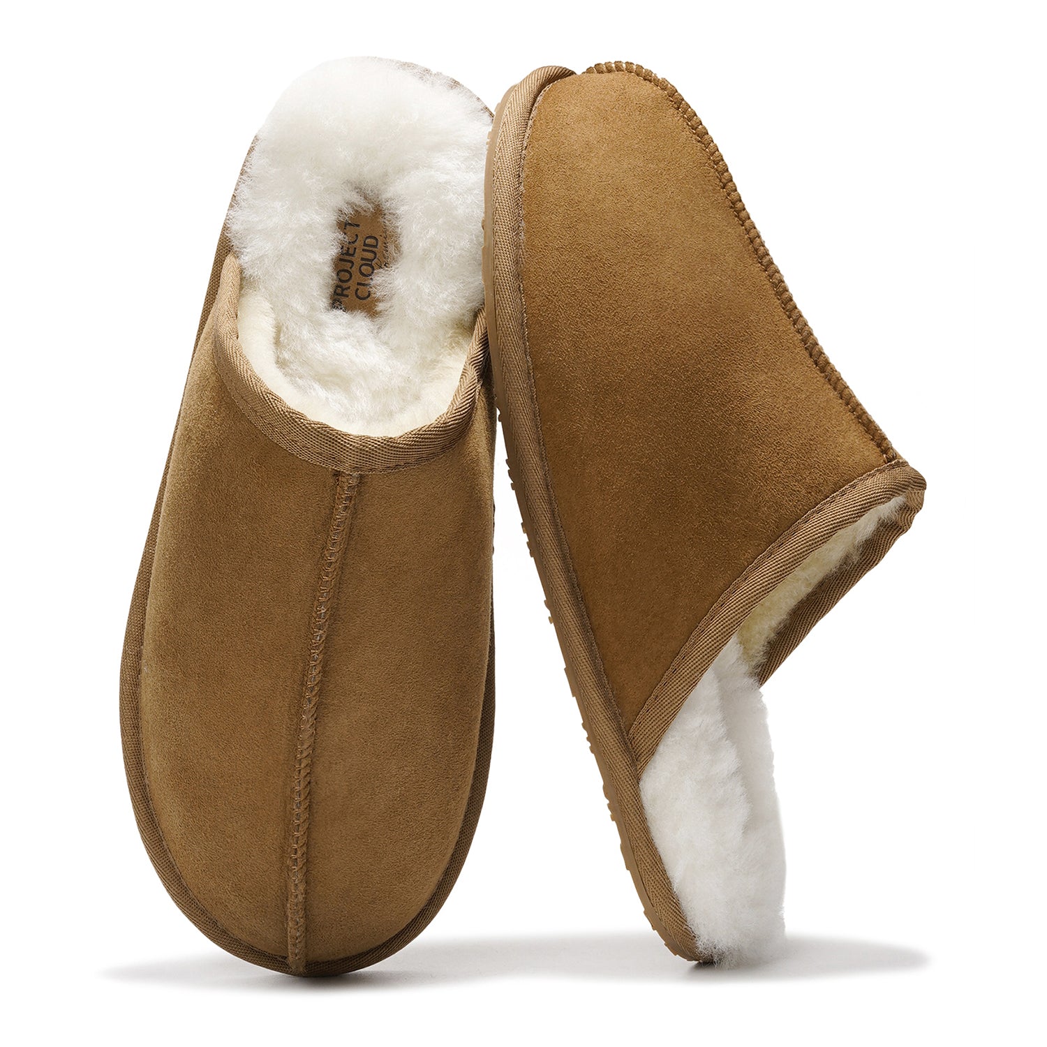 Project Cloud Colin Slippers: Brown suede with sheepskin lining, memory foam, non-slip sole.