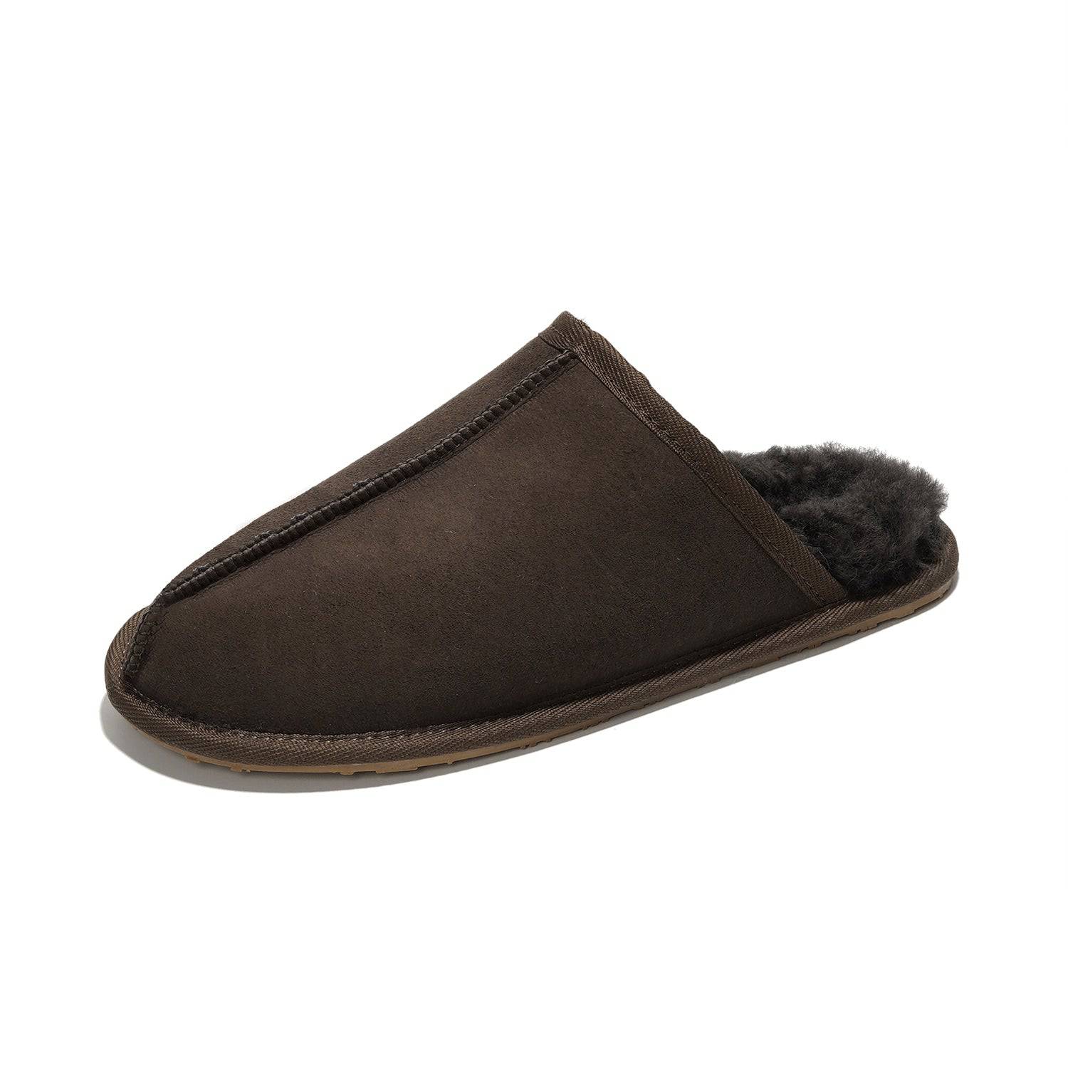Project Cloud Colin Men's Slipper: Brown suede upper, sheepskin lining, memory foam, warm & cozy.