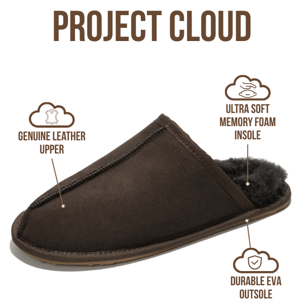 Project Cloud | "Colin" Mens House Slippers | Genuine Sheepskin Upper | Memory Foam | Lightweight | Non-Slip
