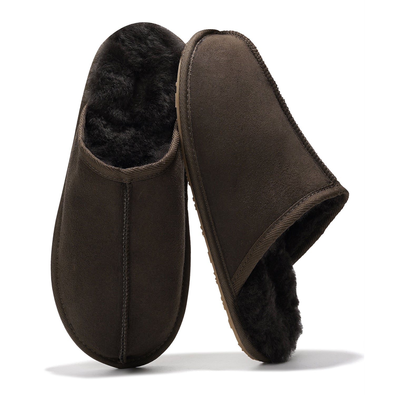 Project Cloud Colin Men's Slipper: Brown suede upper with cozy sheepskin lining for warm comfort.