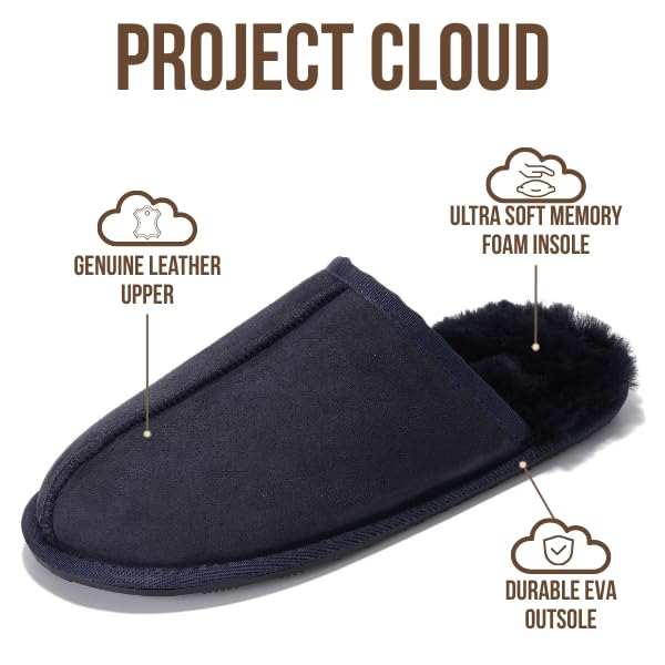 Project Cloud | "Colin" Mens House Slippers | Genuine Sheepskin Upper | Memory Foam | Lightweight | Non-Slip