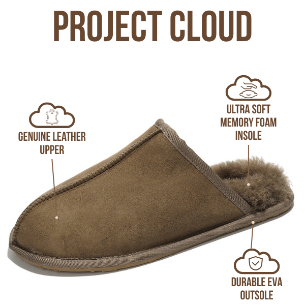 Project Cloud | "Colin" Mens House Slippers | Genuine Sheepskin Upper | Memory Foam | Lightweight | Non-Slip